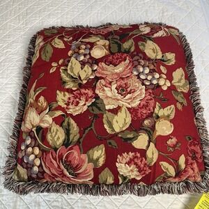 Vintage Woven Floral Pillow Cottage Rose Brush Trim Traditional Pattern 18x18"